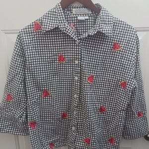 Gingham Button-Down Shirt with Watermelon Embroidery - Black/White